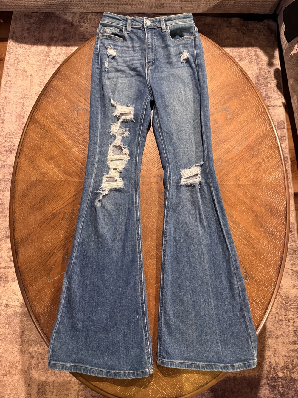 Cello Distressed Flare Jeans in Medium Blue